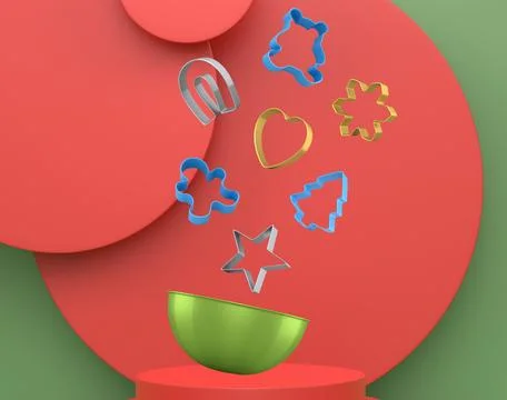Set of cookie cutters float above a bowl and podium with abstract background, Ilustração Stock