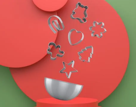 Set of cookie cutters float above a bowl and podium with abstract background, Stock Illustration