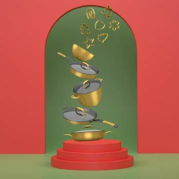 Set of cookie cutters float above kitchen cookware set with lids and podium with Ilustração Stock