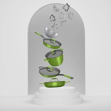 Set of cookie cutters float above kitchen cookware set with lids and podium w Stock Illustration