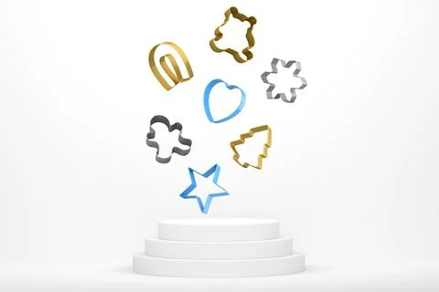 Set of cookie cutters float above podium with abstract background, symboliz.. Ilustração Stock