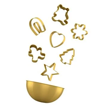Set of cookie cutters in various festive shapes floating above bowl isolate.. Ilustração Stock