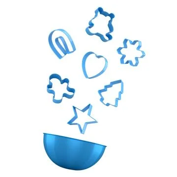 Set of cookie cutters in various festive shapes floating above bowl isolated  Ilustração Stock