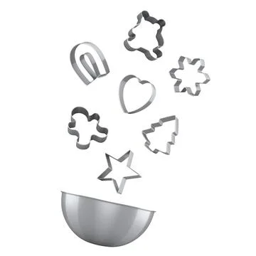 Set of cookie cutters in various festive shapes floating above bowl isolate.. Ilustração Stock