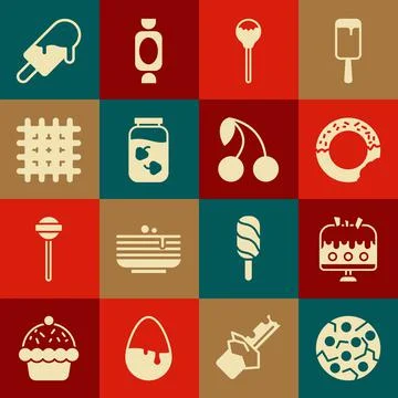 Set Cookie or biscuit, Cake on plate, Donut, Lollipop, Strawberry jam jar Stock Illustration