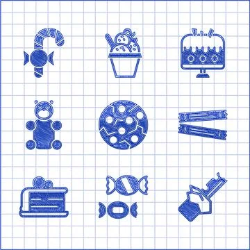 Set Cookie or biscuit, Candy, Bitten chocolate bar, Sugar stick packets, Piece Stock Illustration