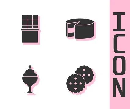 Set Cookie or biscuit, Chocolate bar, Ice cream in bowl and Cake icon. Vector Stock Illustration