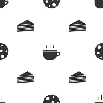 Set Cookie or biscuit, Coffee cup and Cake on seamless pattern. Vector Illustrazione stock