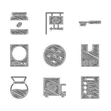 Set Cookie or biscuit, Coffee street truck machine, menu, Bag coffee beans, P Illustration