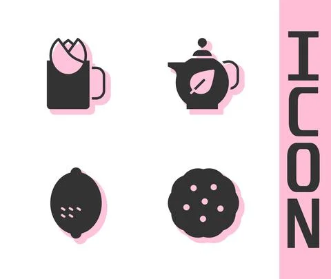 Set Cookie or biscuit, Cup of tea with rose, Lemon and Teapot leaf icon. Vector Stock Illustration
