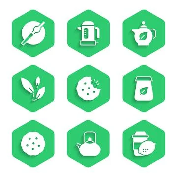 Set Cookie or biscuit, Kettle with handle, Cup of tea lemon, Tea packaging, leaf Illustration