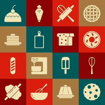 Set Cookie or biscuit, Kitchen whisk, Donut, and rolling pin, Cutting board 스톡 일러스트