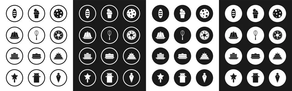 Set Cookie or biscuit, Kitchen whisk, Pudding custard, Bread loaf, Donut, I.. Illustrazione stock