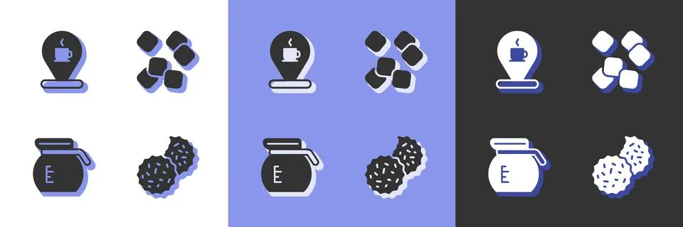 Set Cookie or biscuit, Location with coffee cup, Coffee pot and Sugar cubes icon Stock Illustration
