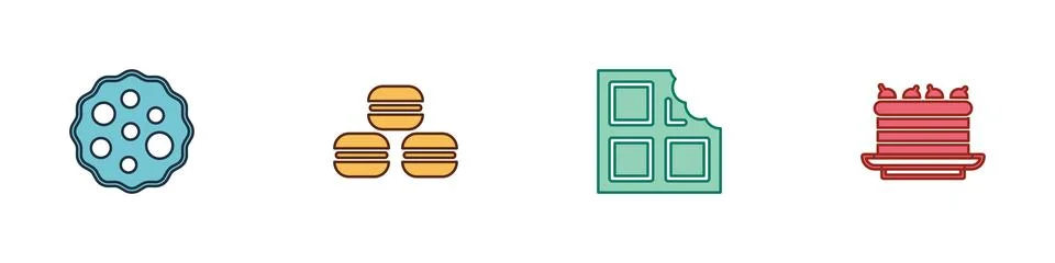 Set Cookie or biscuit, Macaron cookie, Chocolate bar and Cake icon. Vector Stock Illustration