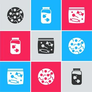Set Cookie or biscuit, Strawberry jam jar and Candy packaging for sweets icon Illustrazione stock