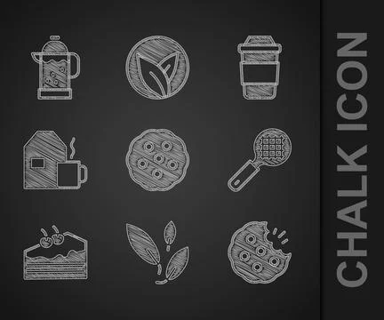 Set Cookie or biscuit, Tea leaf, strainer with handle, Piece of cake, Cup tea Illustration