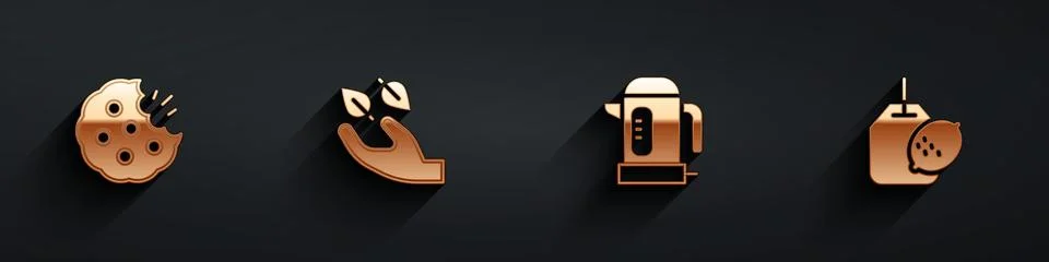 Set Cookie or biscuit, Tea leaf in hand, Electric kettle and bag with lemon icon Stock Illustration