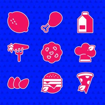 Set Cookie or biscuit, Vegan food diet, pizza slice, Chicken egg, Carrot, Paper Stock Illustration