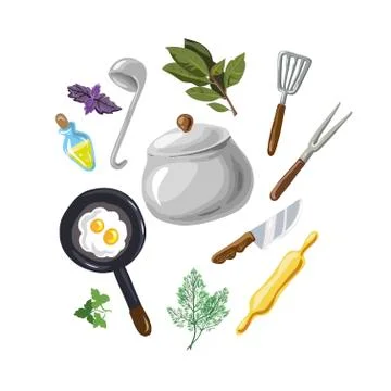 A set for cooking, eggs, greenery. Hand drawn on style pop-art. Vector Stock Illustration