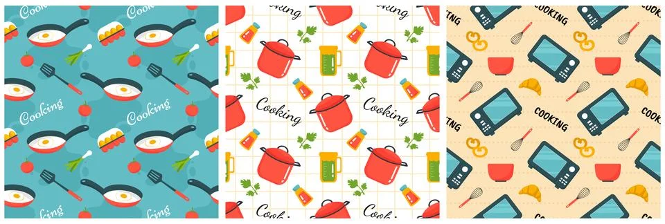 Set of Cooking Equipment Seamless Pattern Design Illustration in Flat Carto.. Illustrazione stock