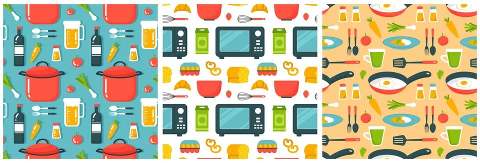 Set of Cooking Equipment Seamless Pattern Design Illustration in Flat Carto.. Illustrazione stock