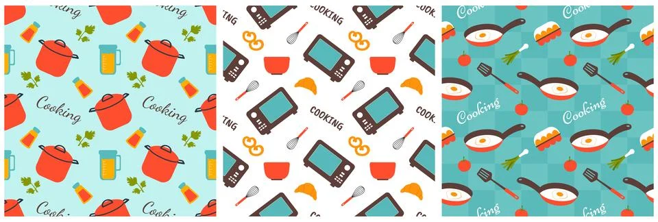 Set of Cooking Equipment Seamless Pattern Design Illustration in Flat Carto.. Illustrazione stock