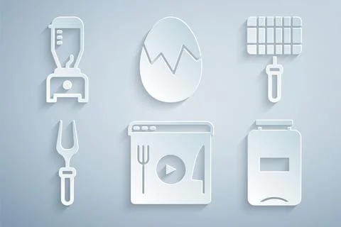Set Cooking live streaming, Barbecue steel grid, fork, Jam jar, Broken egg an Stock Illustration