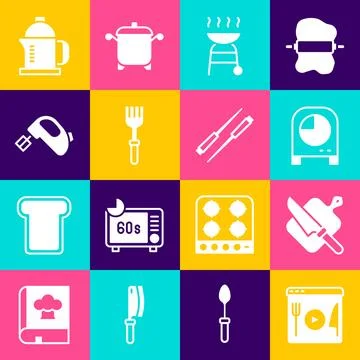 Set Cooking live streaming, Cutting board and knife, Kitchen timer, Barbecu.. 库存插图