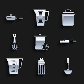 Set Cooking pot and kitchen timer Salt Kitchen ladle Frying pan Measuring cup Stock Illustration