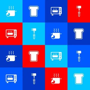Set Cooking pot, Bread toast, Microwave oven and Kitchen hammer icon. Vector Stock Illustration