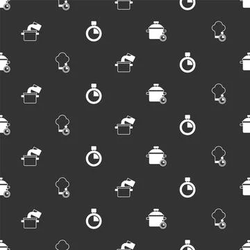 Set Cooking pot, Chef hat, and Stopwatch on seamless pattern. Vector 스톡 일러스트