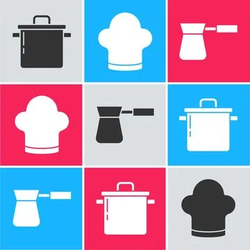 Set Cooking pot, Chef hat and Coffee turk icon. Vector Stock Illustration