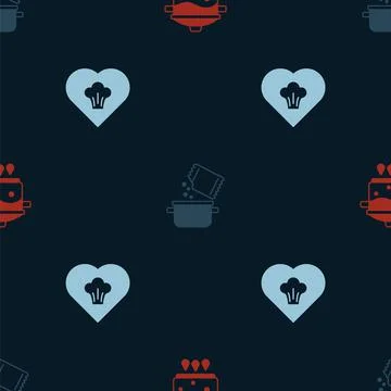 Set Cooking pot on fire, and spice and Chef hat on seamless pattern. Vector Stock Illustration