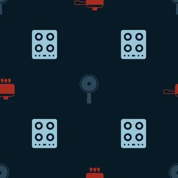 Set Cooking pot on fire, Frying pan and Gas stove on seamless pattern. Vector Stock Illustration