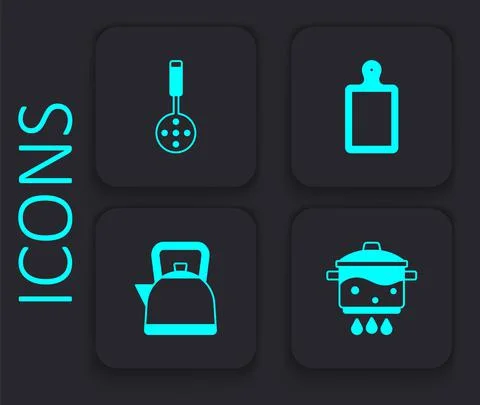 Set Cooking pot on fire, Spatula, Cutting board and Kettle with handle icon Illustration