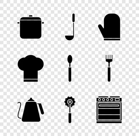 Set Cooking pot, Kitchen ladle, Oven glove, Kettle with handle, Pizza knife Illustration