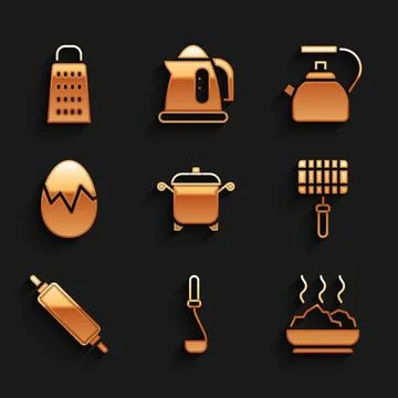 Set Cooking pot, Kitchen ladle, Bowl of hot soup, Barbecue steel grid, Roll.. Stock Illustration