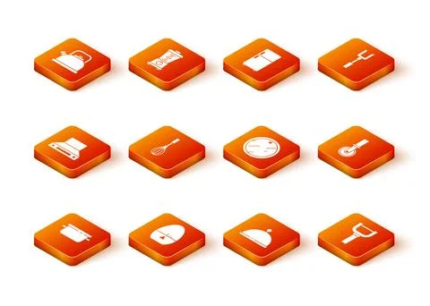 Set Cooking pot, Kitchen timer, extractor fan, whisk, Covered with tray, Cu.. Illustrazione stock