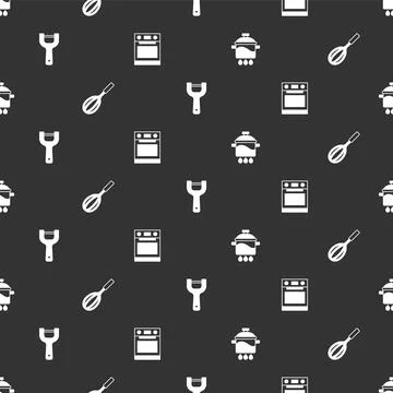 Set Cooking pot, Kitchen whisk, Vegetable peeler and Oven on seamless pattern Stock Illustration
