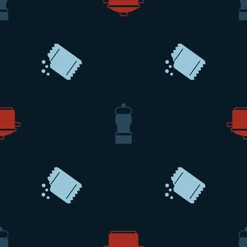 Set Cooking pot, Pepper and Packet of pepper on seamless pattern. Vector Illustrazione stock
