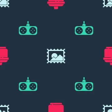 Set Cooking pot, Postal stamp and Gamepad on seamless pattern. Vector 库存插图