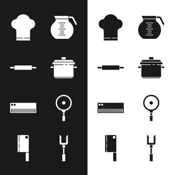 Set Cooking pot, Rolling pin, Chef hat, Coffee, Air conditioner, Frying pan Stockillustratie
