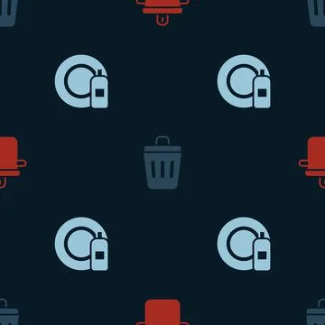 Set Cooking pot, Trash can and Dishwashing bottle and plate on seamless pattern Stock Illustration
