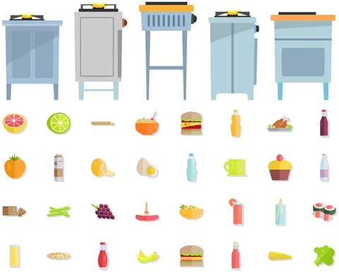 Set of cooking surfaces with utensils, kitchenware, kitchen equipment near food Stock Illustration
