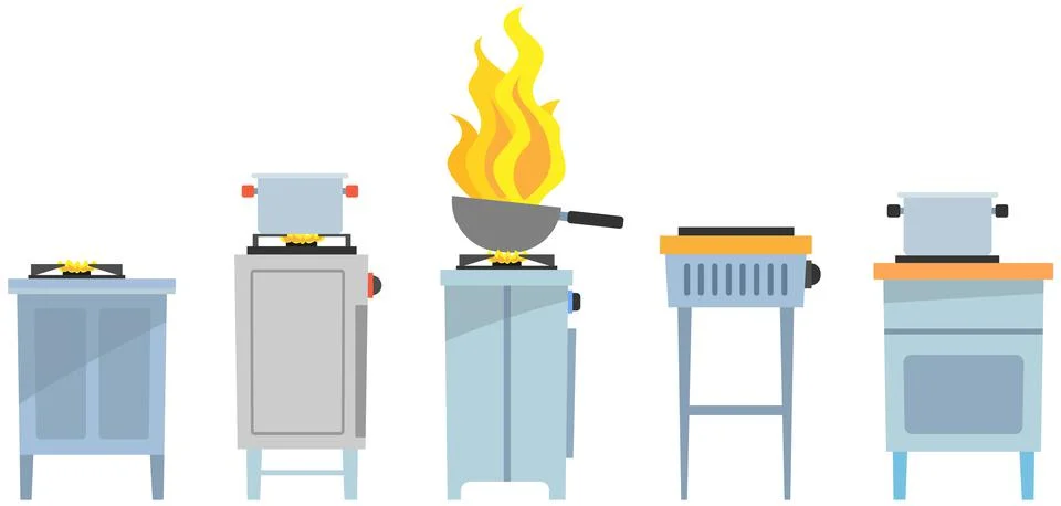 Set of cooking surfaces with utensils, kitchenware. Kitchen equipment for Stock Illustration
