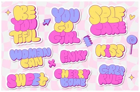 Set of cool 90s-00s retro girlylettering stickers. Vector illustration in y2k Stock Illustration