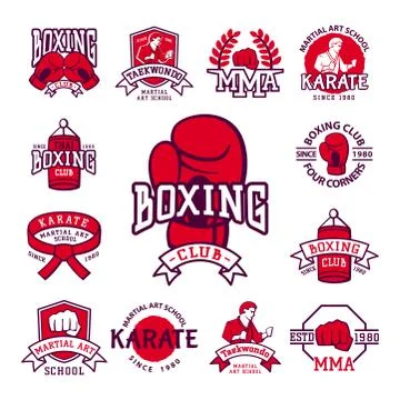 Set of cool fighting club emblems martial training champion graphic style punch Stock Illustration