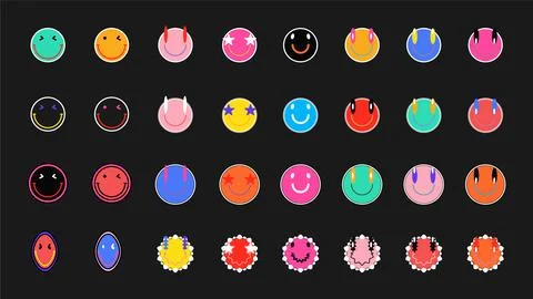 Set of Cool Trendy Hand Drawn Stickers. Acid Happy Smile Emoticons Stock Illustration