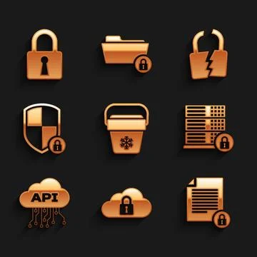 Set Cooler bag, Cloud computing lock, Document and, Server security with, a.. Stock Illustration